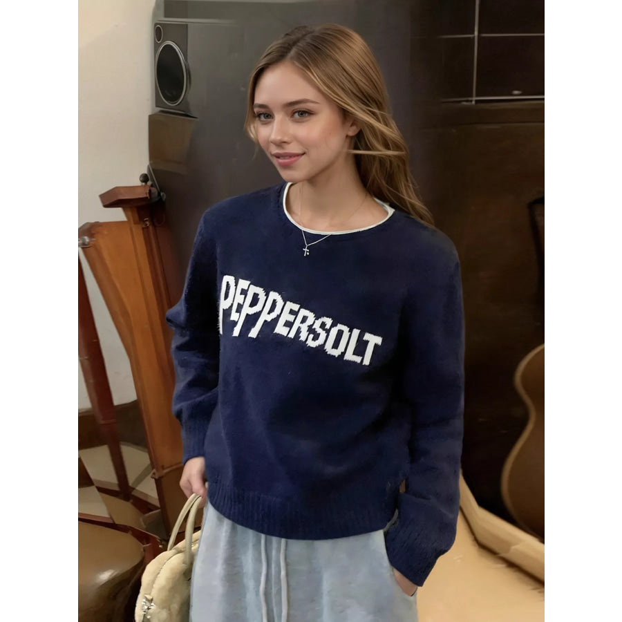 Letter Contrast Trim Round Neck Sweater Apparel and Accessories