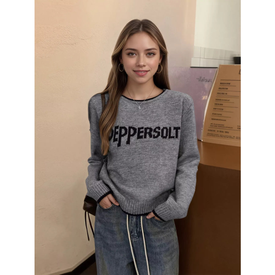 Letter Contrast Trim Round Neck Sweater Gray / One Size Apparel and Accessories