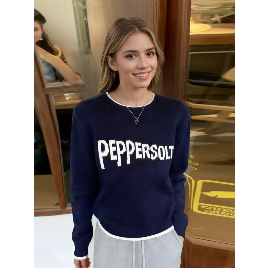 Letter Contrast Trim Round Neck Sweater Navy / One Size Apparel and Accessories