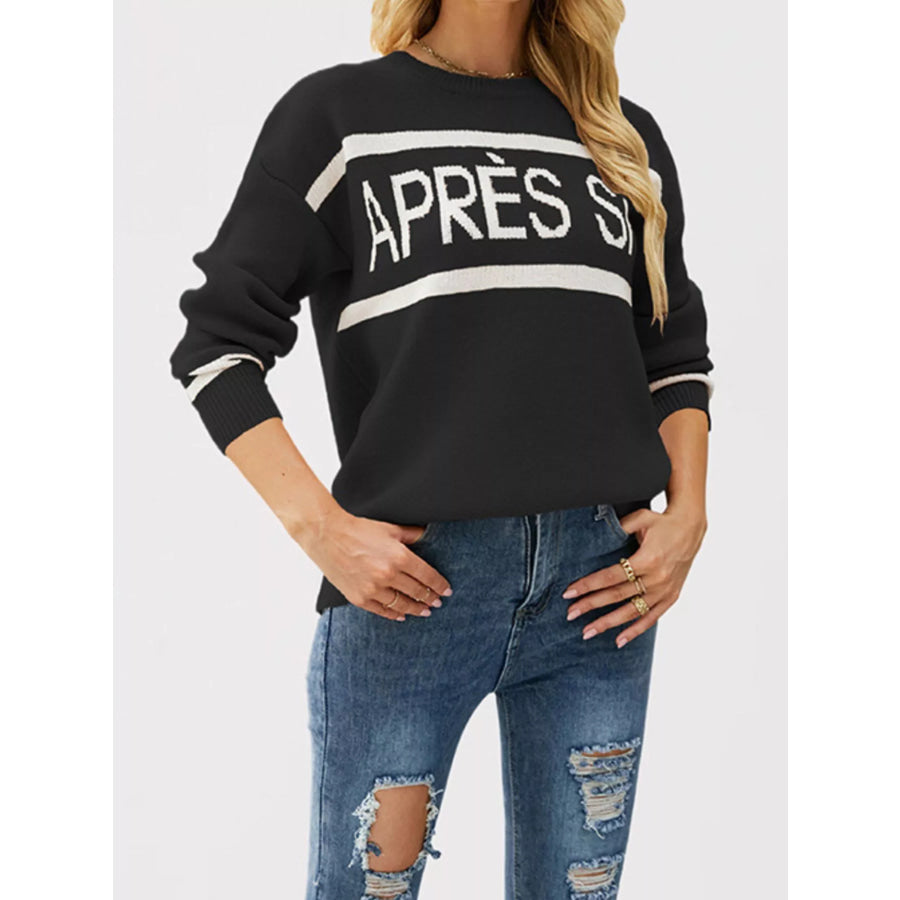 Letter Crew Neck Dropped Shoulder Sweater Black / S Apparel and Accessories