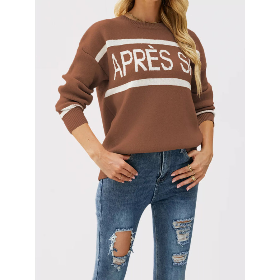 Letter Crew Neck Dropped Shoulder Sweater Coffee / S Apparel and Accessories