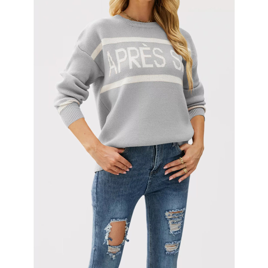 Letter Crew Neck Dropped Shoulder Sweater Grey / S Apparel and Accessories