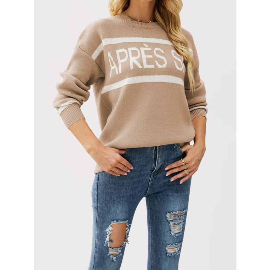 Letter Crew Neck Dropped Shoulder Sweater Khaki / S Apparel and Accessories