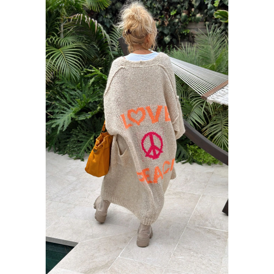 Letter Dropped Shoulder Long Sleeve Cardigan Khaki / S/M Apparel and Accessories