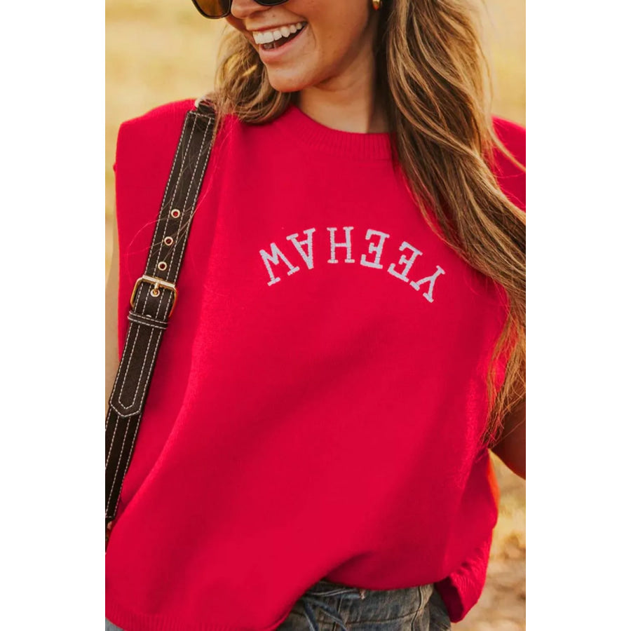 Letter Embroidered Sleeveless Knit Sweater Vest Apparel and Accessories