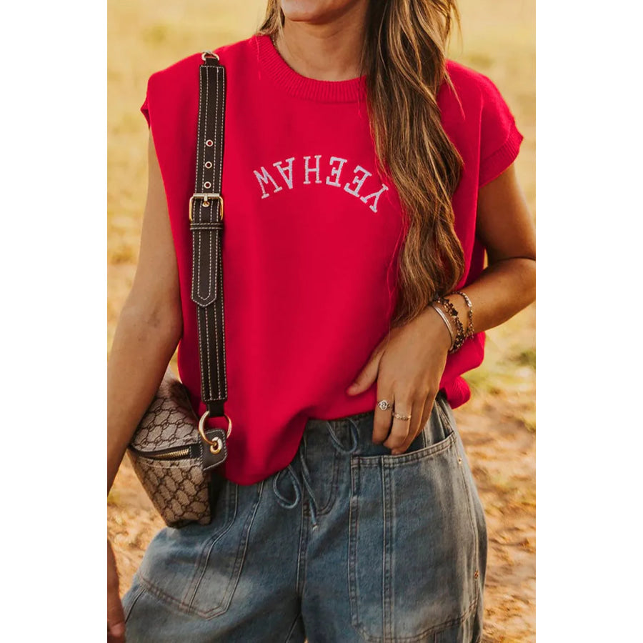 Letter Embroidered Sleeveless Knit Sweater Vest Scarlet / S Apparel and Accessories