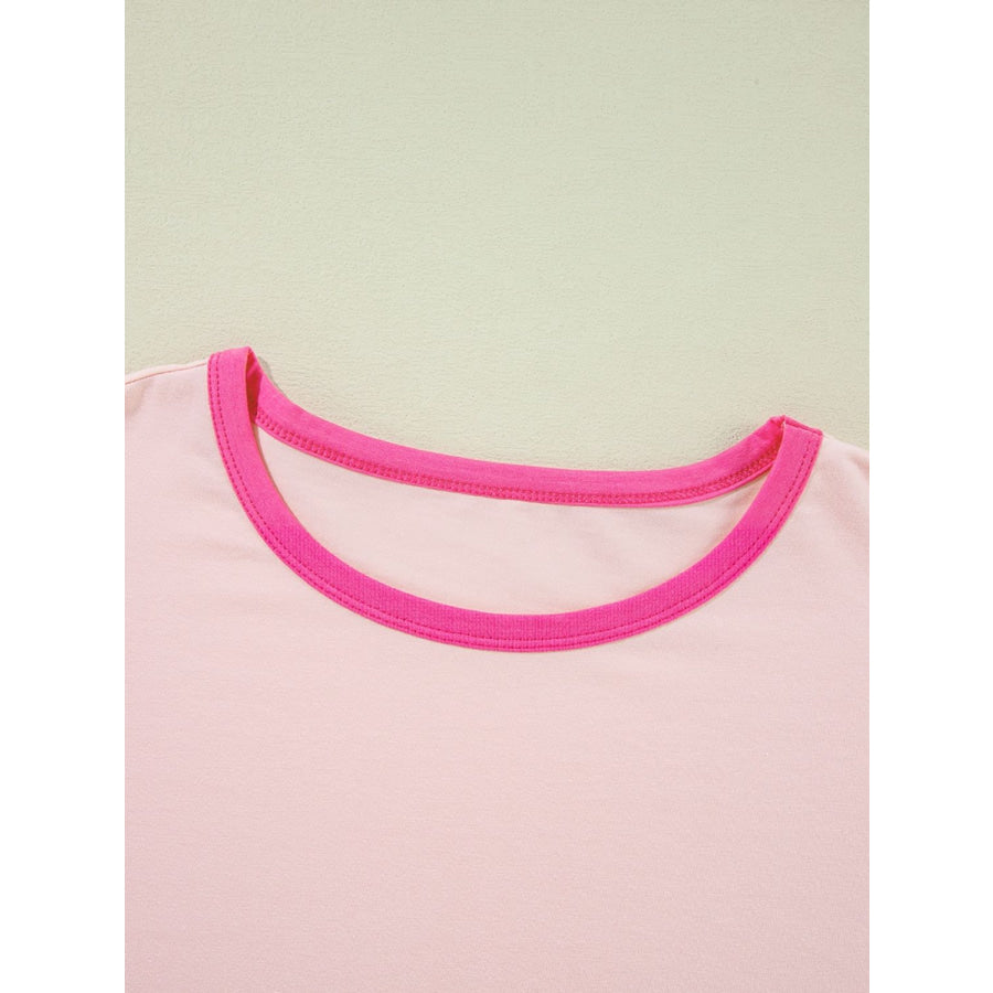 Letter Graphic Color Block Round Neck Half Sleeve T-Shirt Apparel and Accessories