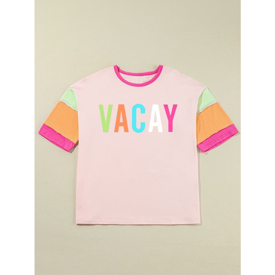 Letter Graphic Color Block Round Neck Half Sleeve T-Shirt Watermelon pink / S Apparel and Accessories