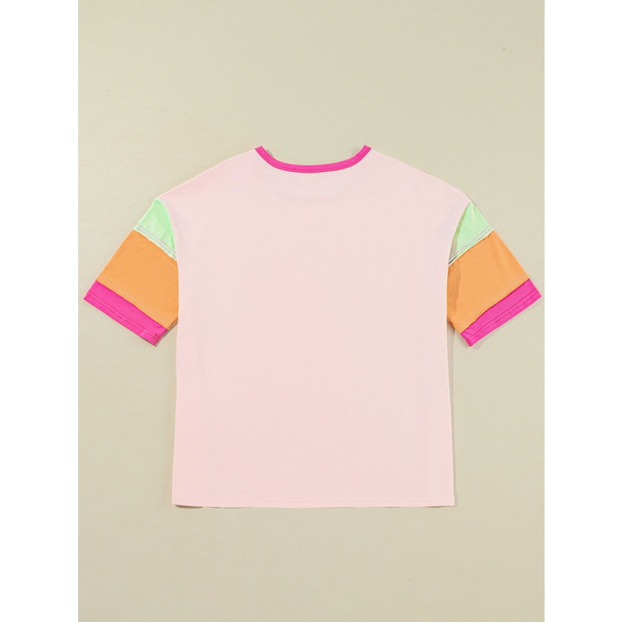 Letter Graphic Color Block Round Neck Half Sleeve T-Shirt Apparel and Accessories