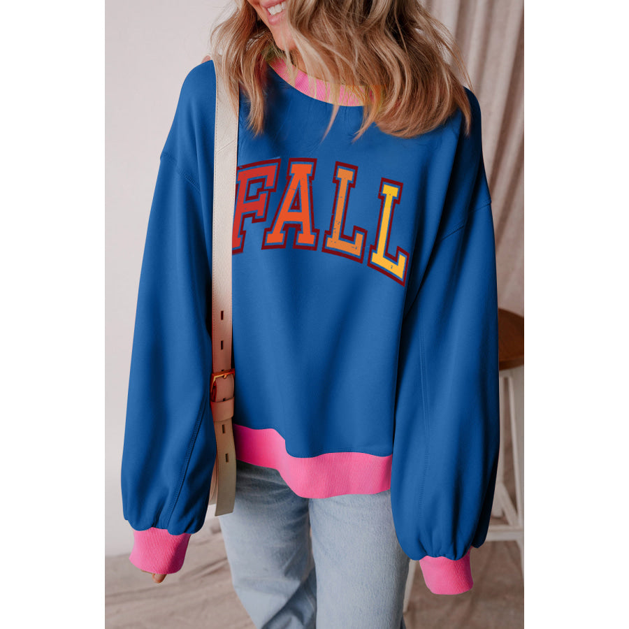 Letter Graphic Contrast Long Sleeve Sweatshirt Peacock Blue / S Apparel and Accessories