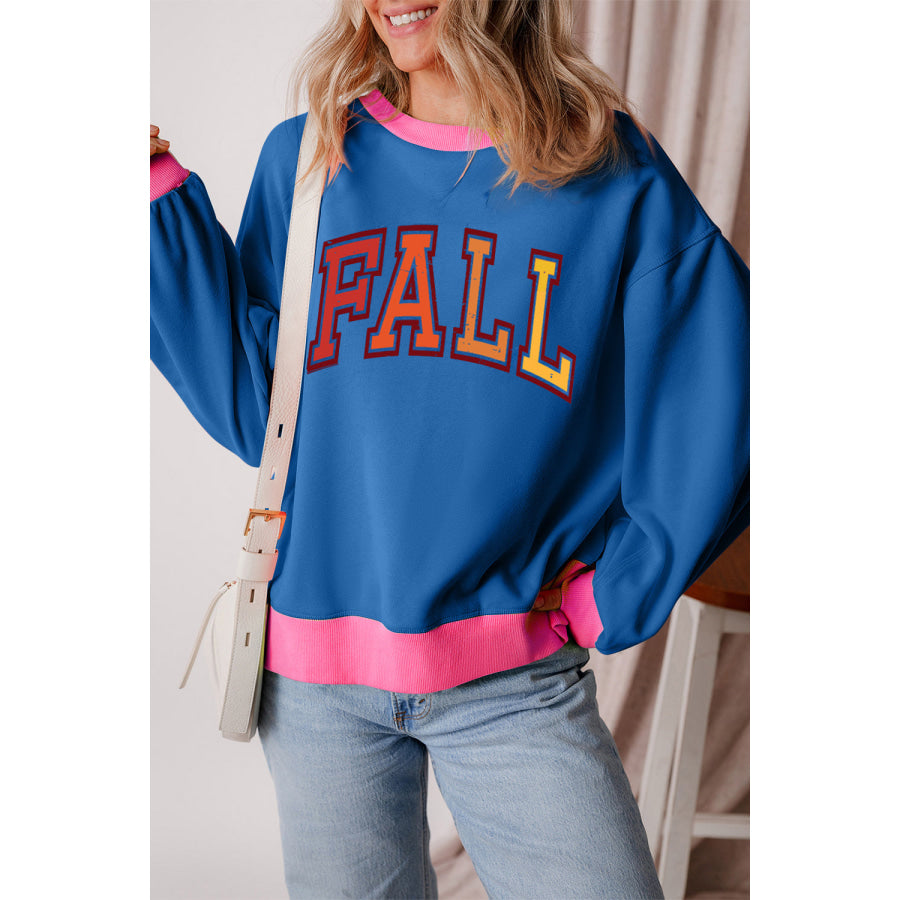 Letter Graphic Contrast Long Sleeve Sweatshirt Peacock Blue / S Apparel and Accessories