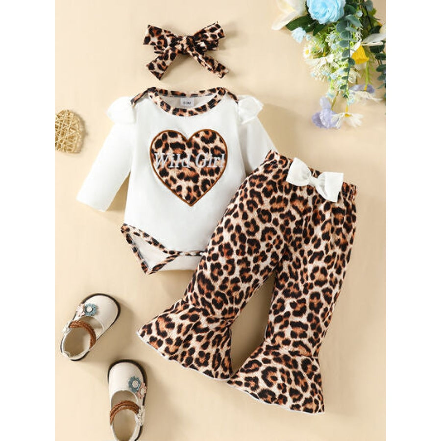 Letter Graphic Long Sleeve Bodysuit and Bow Leopard Pants Set Leopard / 0-3M Clothing