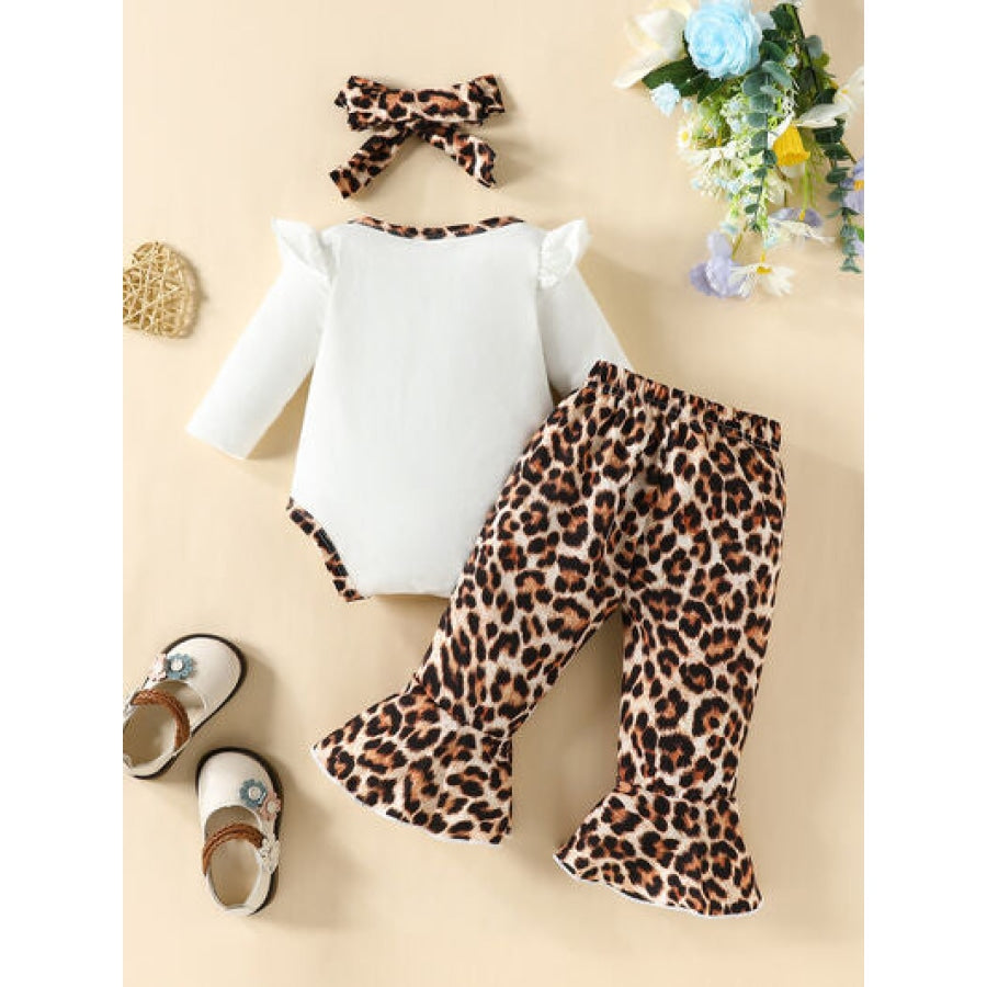 Letter Graphic Long Sleeve Bodysuit and Bow Leopard Pants Set Clothing