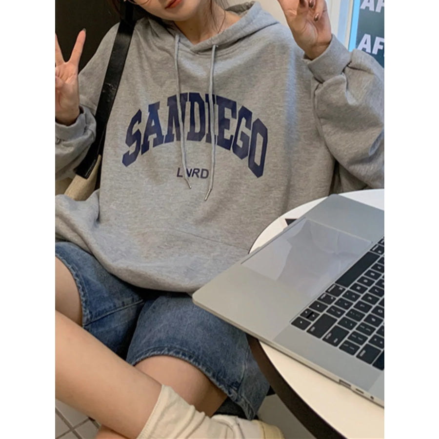 Letter Graphic Long Sleeve Hoodie Light Gray / M Apparel and Accessories