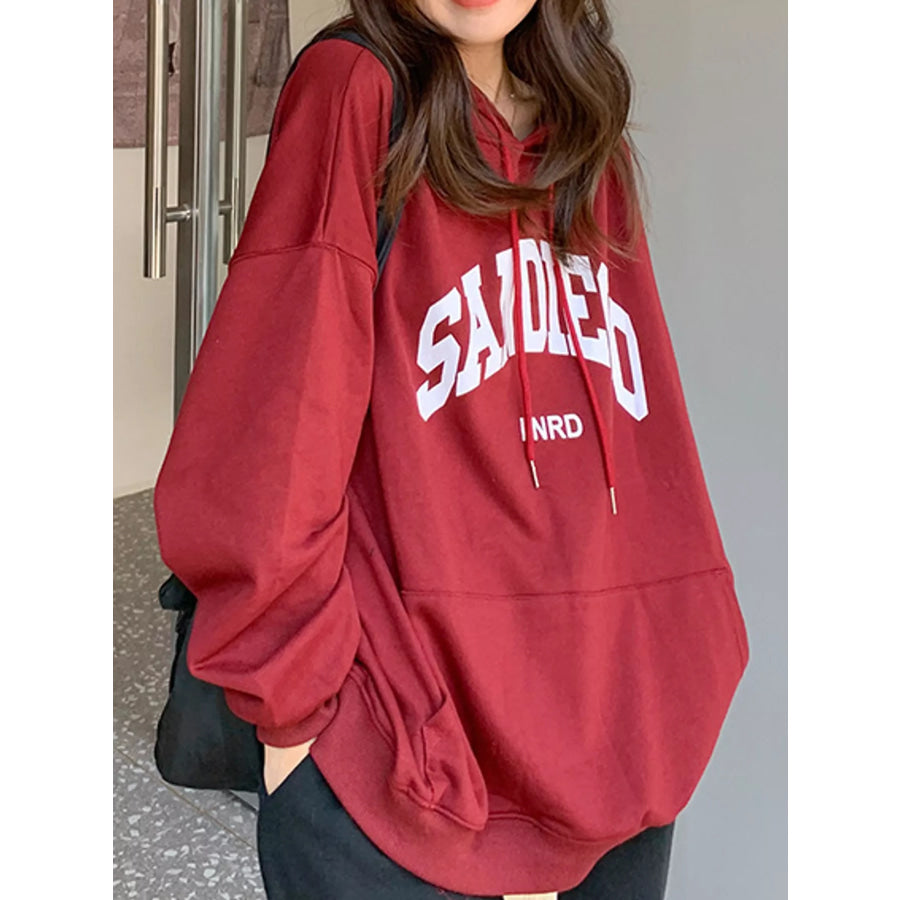 Letter Graphic Long Sleeve Hoodie Red / M Apparel and Accessories