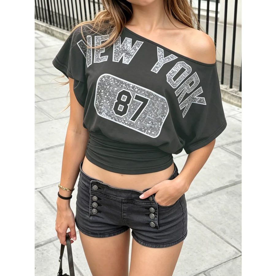 Letter Graphic One Shoulder Top Black / S Apparel and Accessories