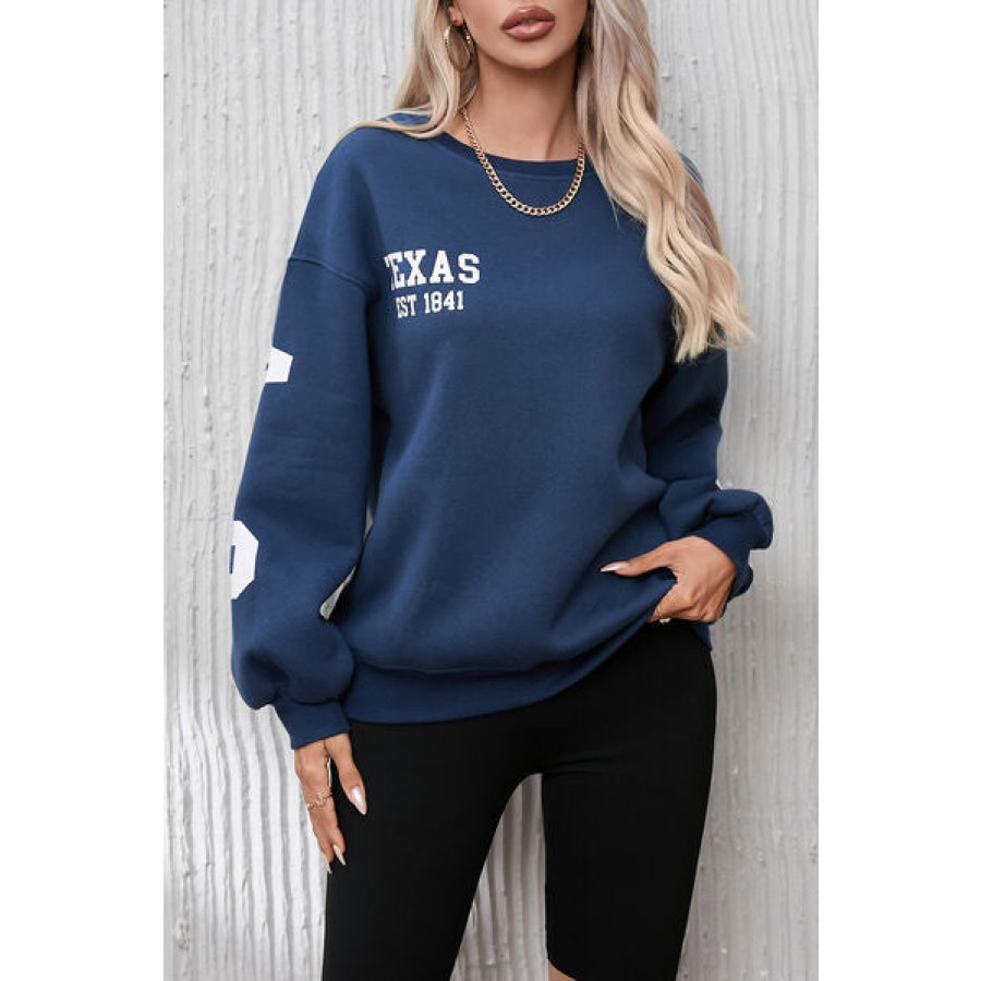 Letter Graphic Round Neck Dropped Shoulder Sweatshirt Navy / S Clothing