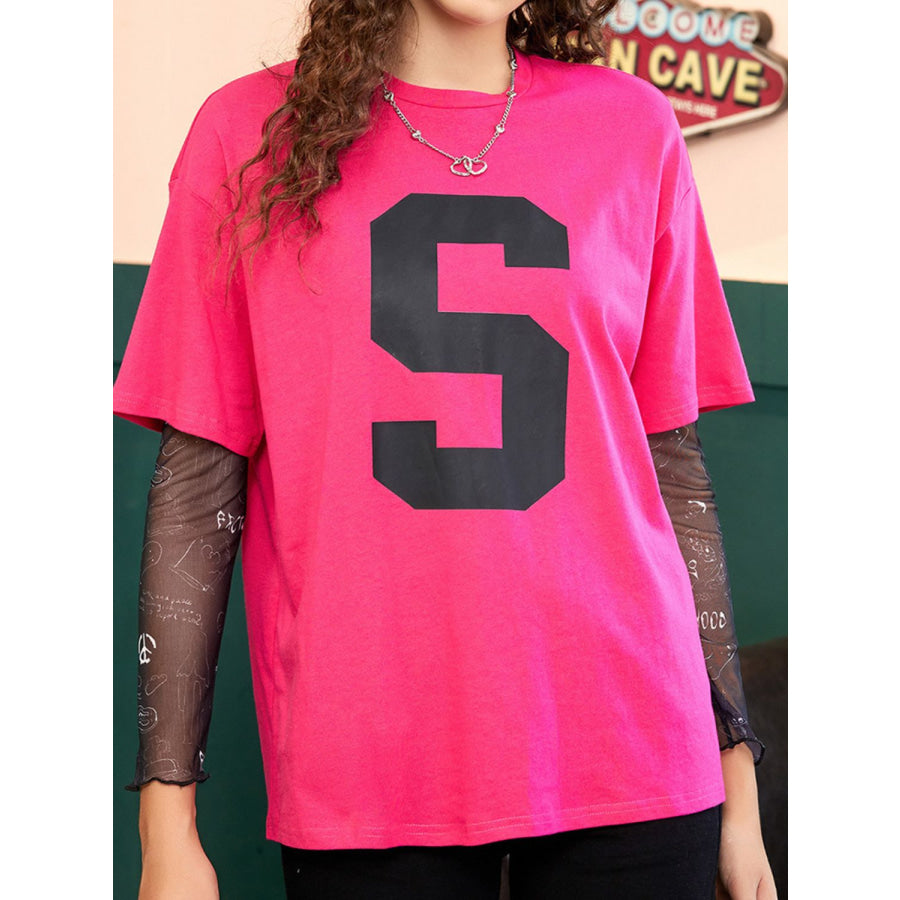 Letter Graphic Round Neck Half Sleeve T-Shirt Cerise / S Apparel and Accessories