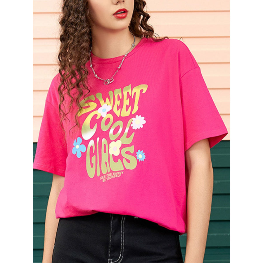 Letter Graphic Round Neck Half Sleeve T-Shirt Deep Rose / S Apparel and Accessories