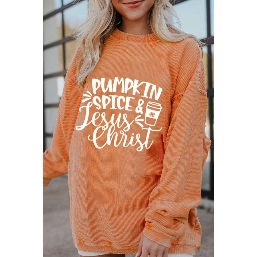 Letter Graphic Round Neck Long Sleeve Oversize Sweatshirt Sherbet / S Apparel and Accessories