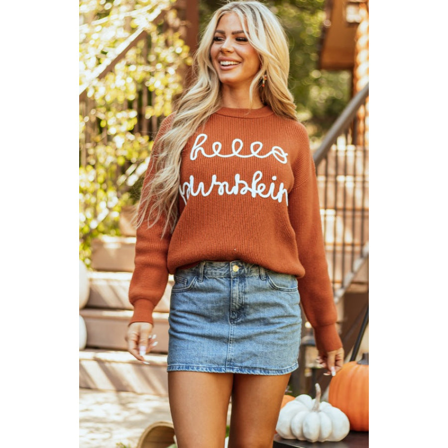 Letter Graphic Round Neck Long Sleeve Sweater Apparel and Accessories