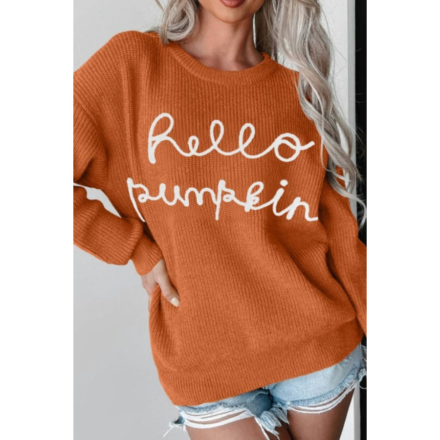 Letter Graphic Round Neck Long Sleeve Sweater Terracotta / S Apparel and Accessories