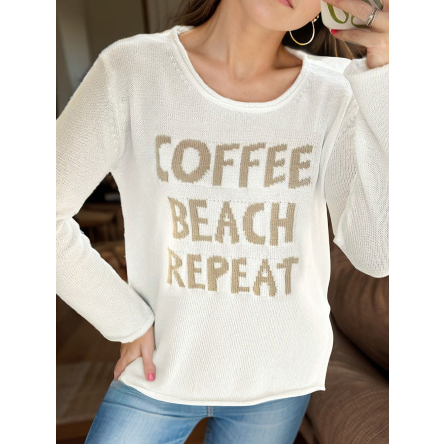 Letter Graphic Round Neck Long Sleeve Sweater White / S Apparel and Accessories