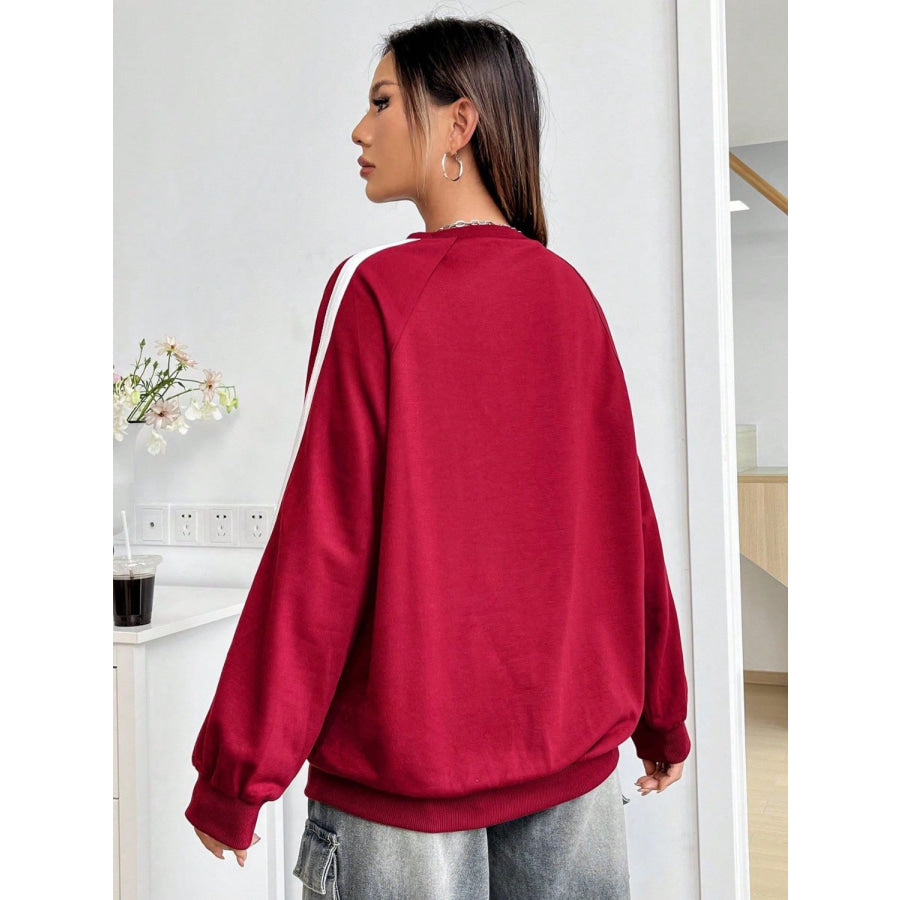 Letter Graphic Round Neck Long Sleeve Sweatshirt Deep Red / S Apparel and Accessories