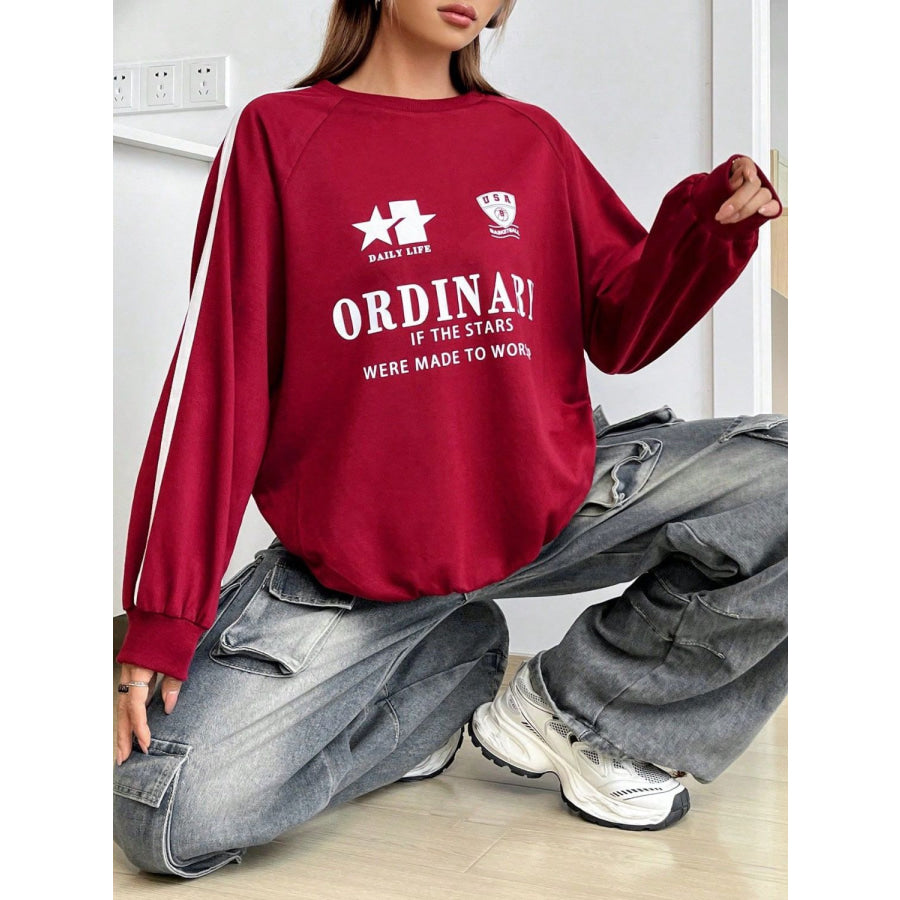 Letter Graphic Round Neck Long Sleeve Sweatshirt Apparel and Accessories