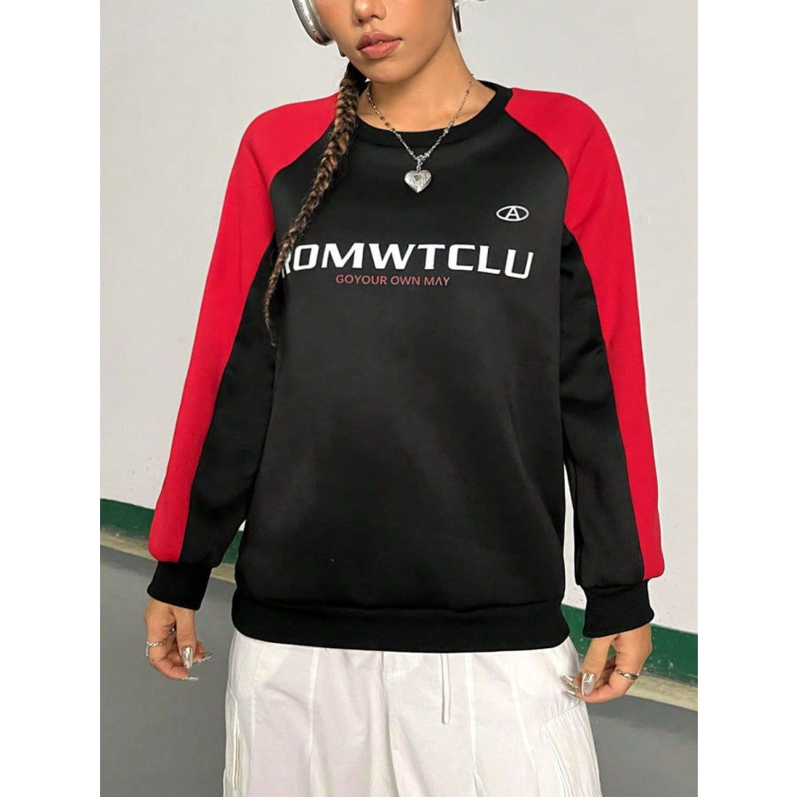 Letter Graphic Round Neck Long Sleeve Sweatshirt Black / S Apparel and Accessories