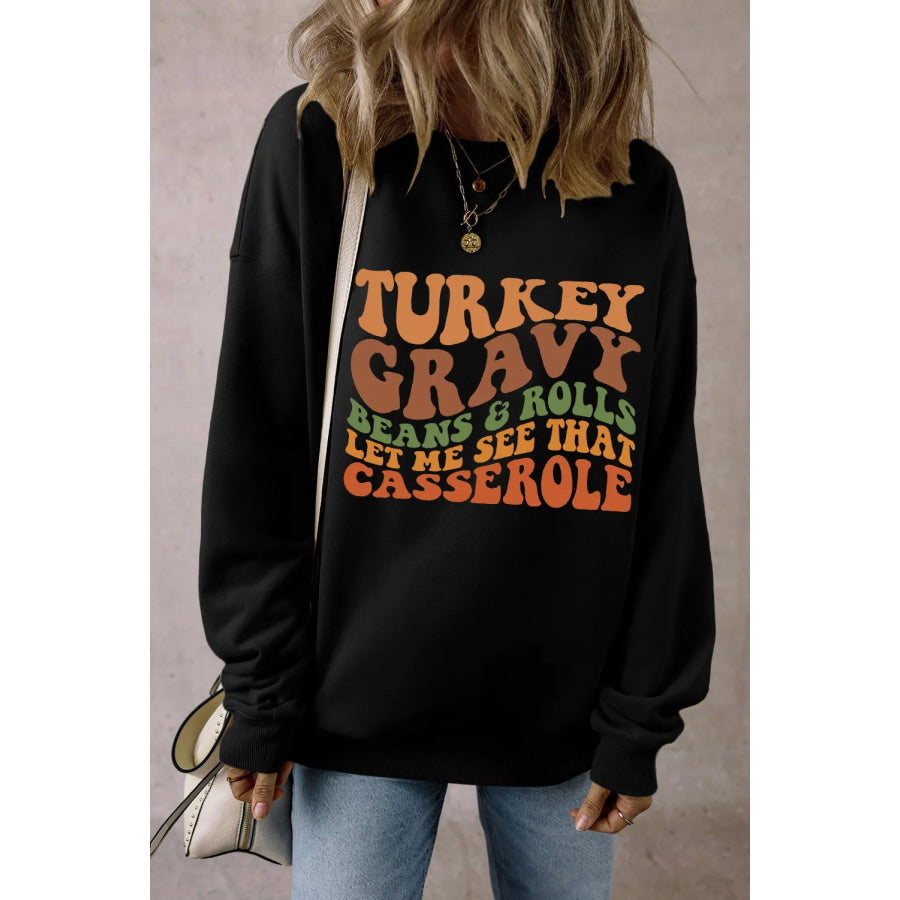 Letter Graphic Round Neck Long Sleeve Sweatshirt Black / S Apparel and Accessories