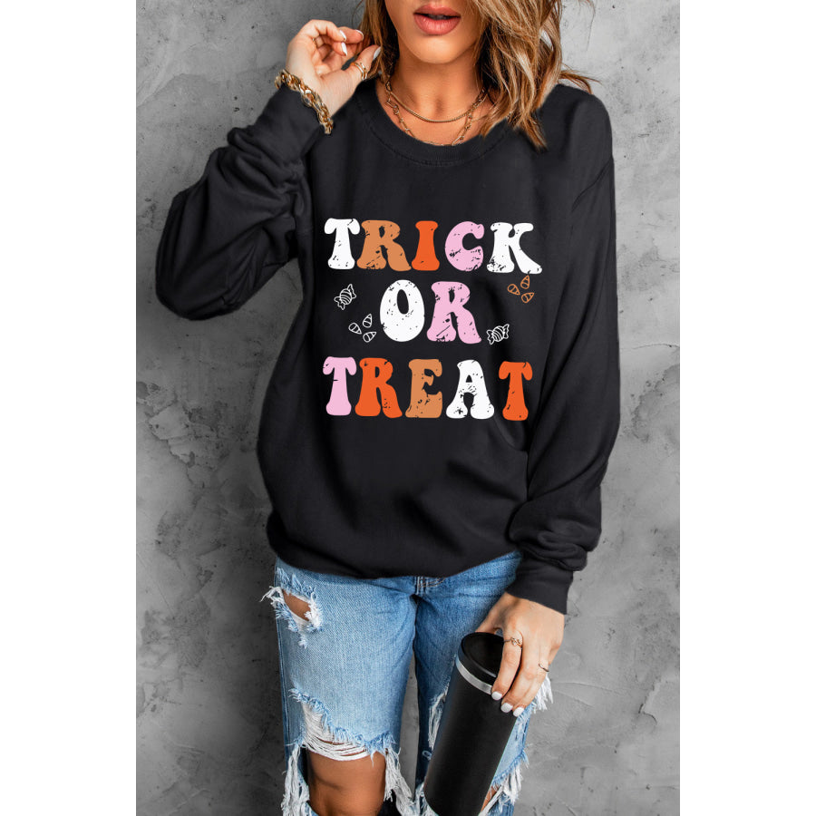 Letter Graphic Round Neck Long Sleeve Sweatshirt Black / S Apparel and Accessories