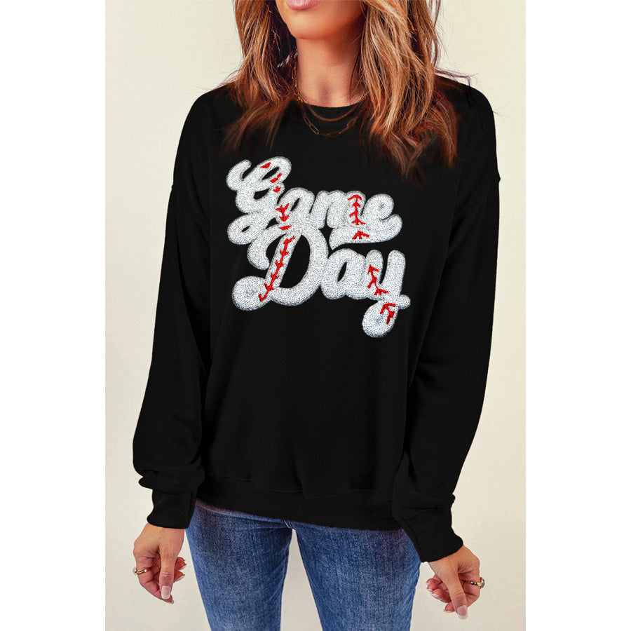 Letter Graphic Round Neck Long Sleeve Sweatshirt Black / S Apparel and Accessories