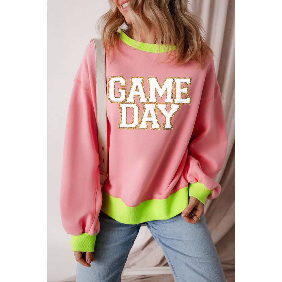 Letter Graphic Round Neck Long Sleeve Sweatshirt Blush Pink / S Apparel and Accessories