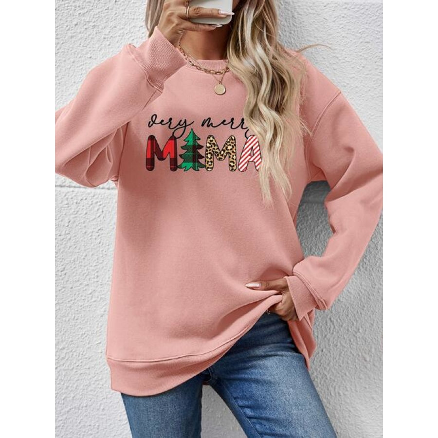 Letter Graphic Round Neck Long Sleeve Sweatshirt Blush Pink / S Clothing