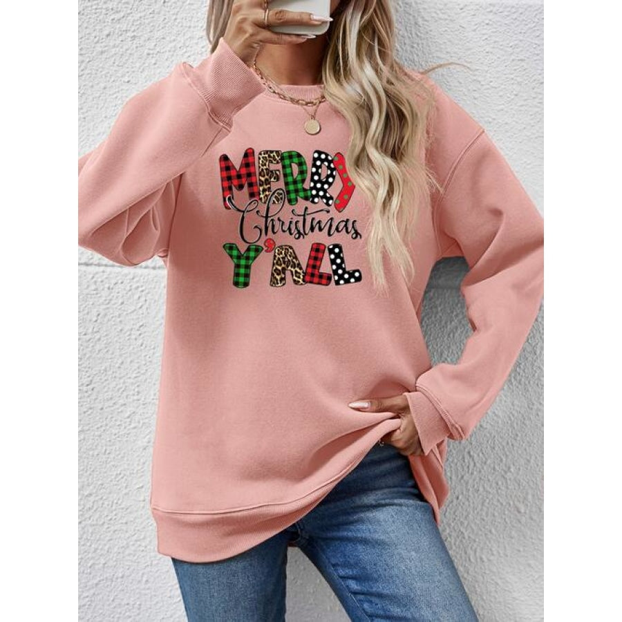 Letter Graphic Round Neck Long Sleeve Sweatshirt Blush Pink / S Clothing