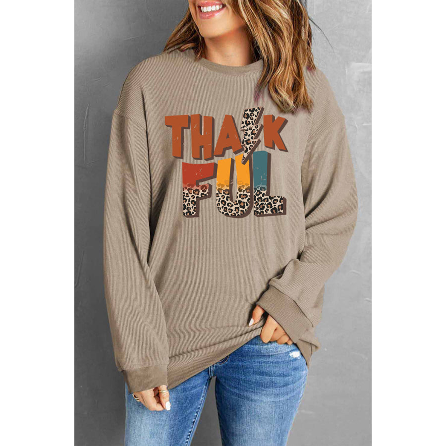 Letter Graphic Round Neck Long Sleeve Sweatshirt Camel / S Apparel and Accessories