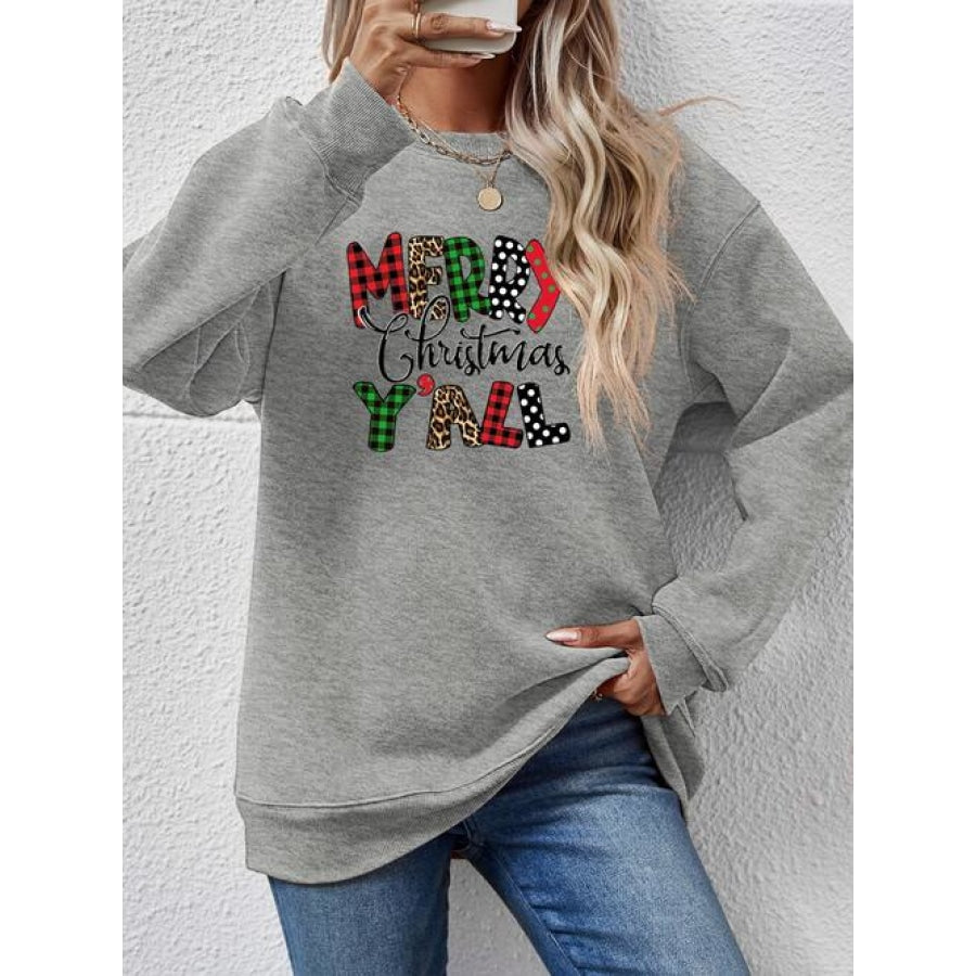 Letter Graphic Round Neck Long Sleeve Sweatshirt Charcoal / S Clothing