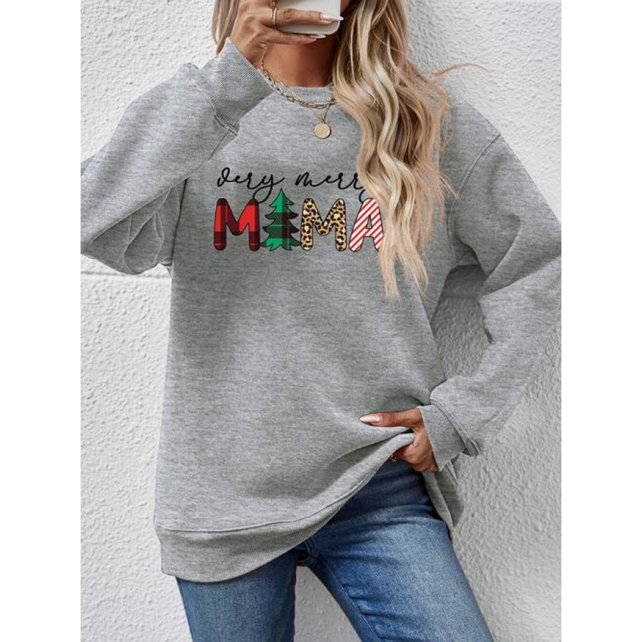 Letter Graphic Round Neck Long Sleeve Sweatshirt Charcoal / S Clothing