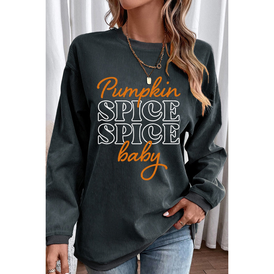 Letter Graphic Round Neck Long Sleeve Sweatshirt Dark Gray / S Apparel and Accessories