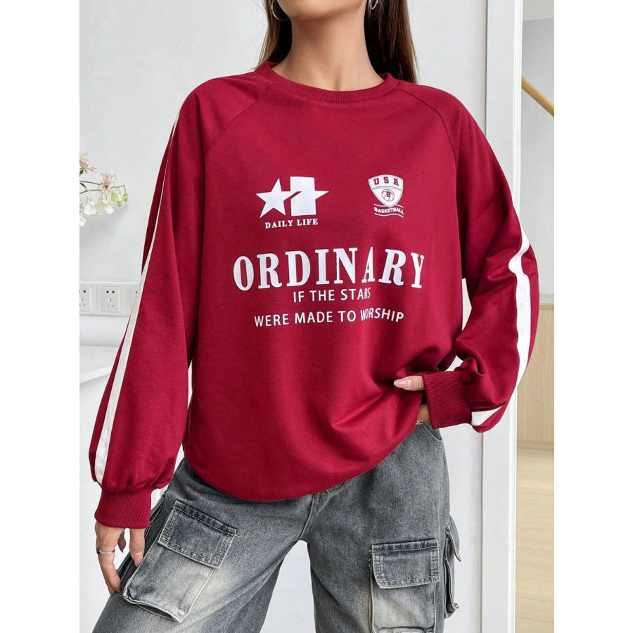 Letter Graphic Round Neck Long Sleeve Sweatshirt Deep Red / S Apparel and Accessories