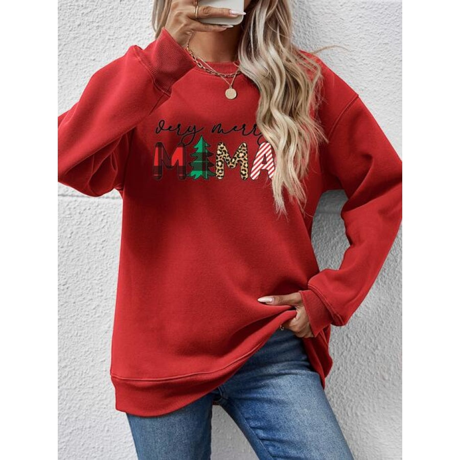 Letter Graphic Round Neck Long Sleeve Sweatshirt Deep Red / S Clothing