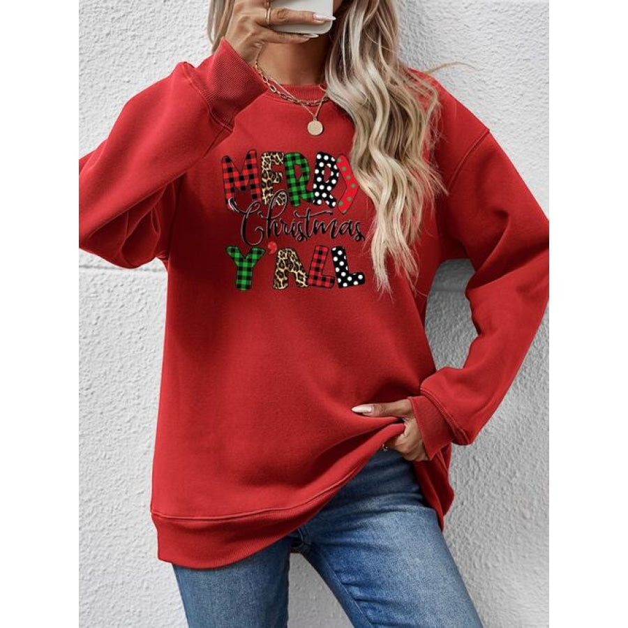 Letter Graphic Round Neck Long Sleeve Sweatshirt Deep Red / S Clothing