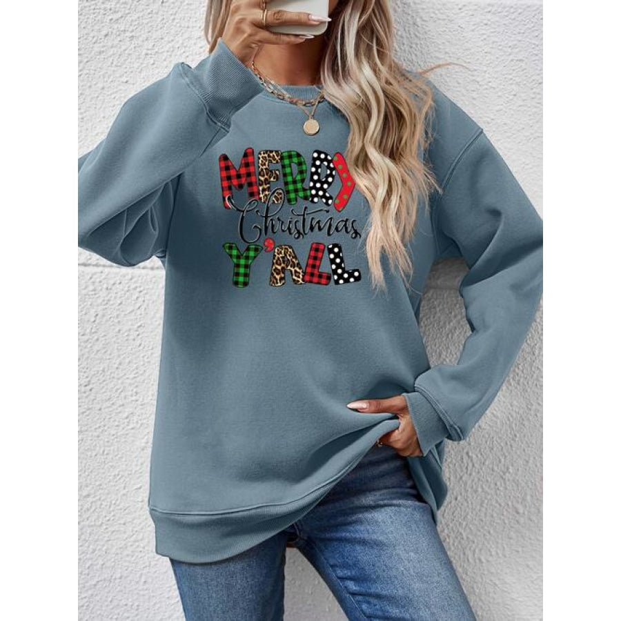 Letter Graphic Round Neck Long Sleeve Sweatshirt French Blue / S Clothing