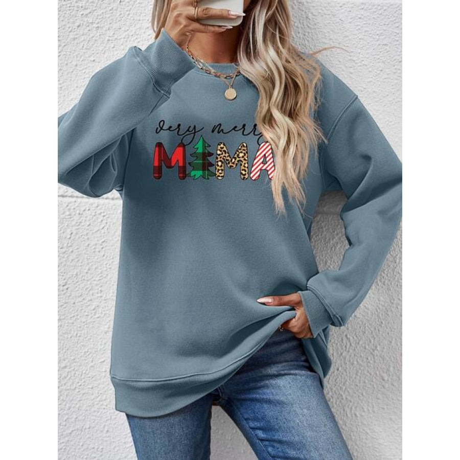 Letter Graphic Round Neck Long Sleeve Sweatshirt French Blue / S Clothing