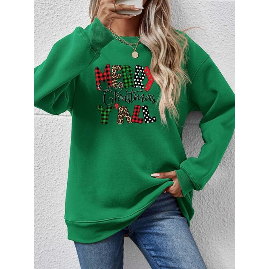 Letter Graphic Round Neck Long Sleeve Sweatshirt Green / S Clothing