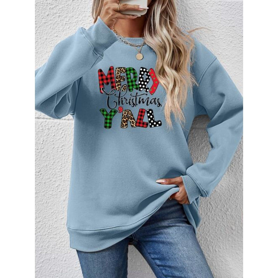 Letter Graphic Round Neck Long Sleeve Sweatshirt Misty Blue / S Clothing