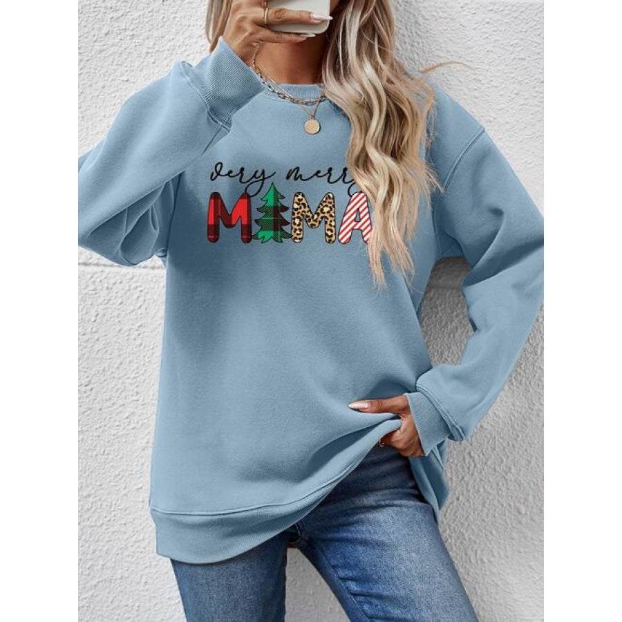 Letter Graphic Round Neck Long Sleeve Sweatshirt Misty Blue / S Clothing