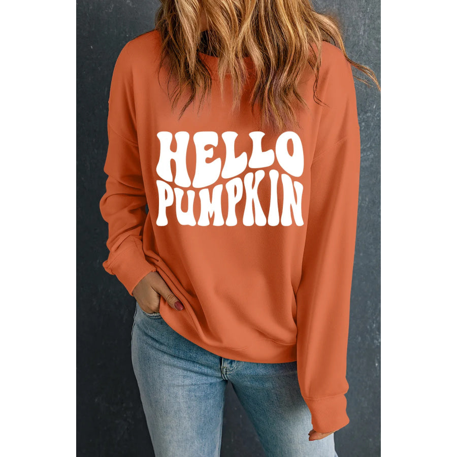 Letter Graphic Round Neck Long Sleeve Sweatshirt Orange / S Apparel and Accessories