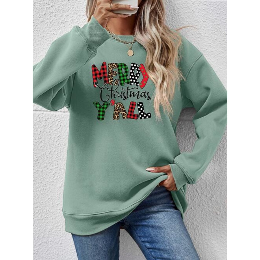 Letter Graphic Round Neck Long Sleeve Sweatshirt Sage / S Clothing